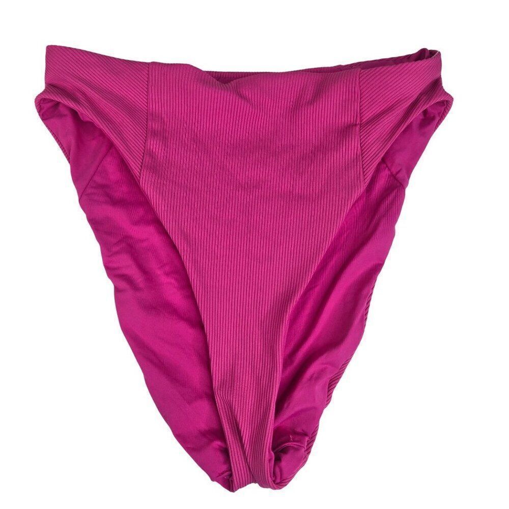 New Becca Womens Small Ribbed Pink Bikini Bottom High Waist Hi Cut